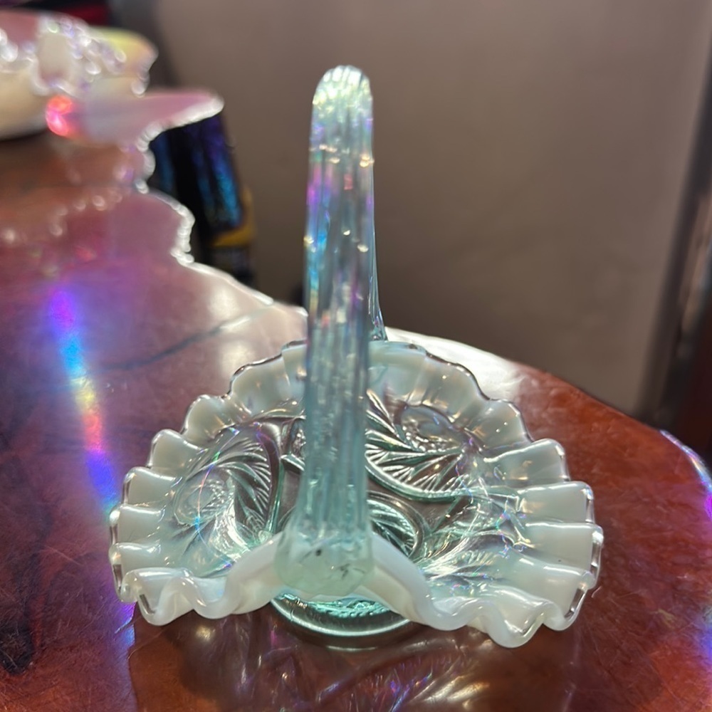 Fenton art glass blue opalescent mini basket